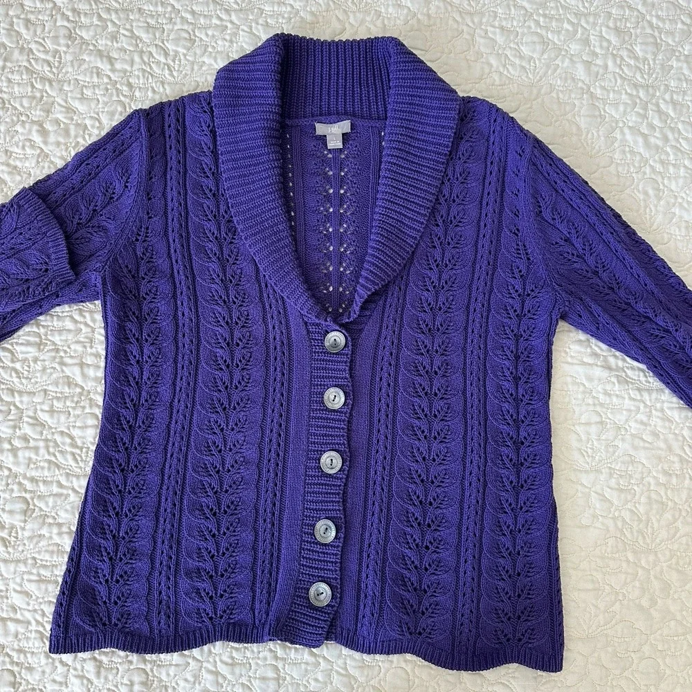 J Jill Knit Sweater Cardigan Medium Cable‎ Pointelle Purple Cotton Blend Chunky - Picture 2 of 12